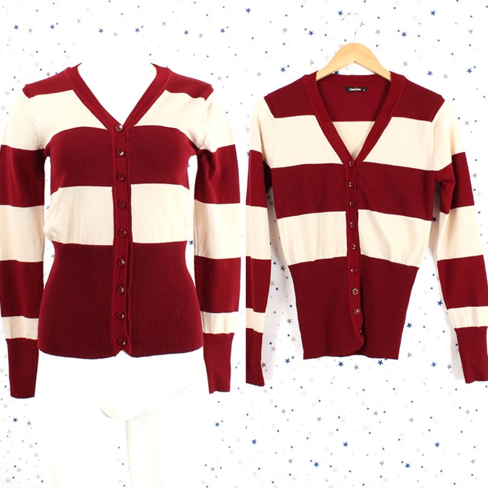 Striped V-neck Button Up Cardigan Burgundy Cream